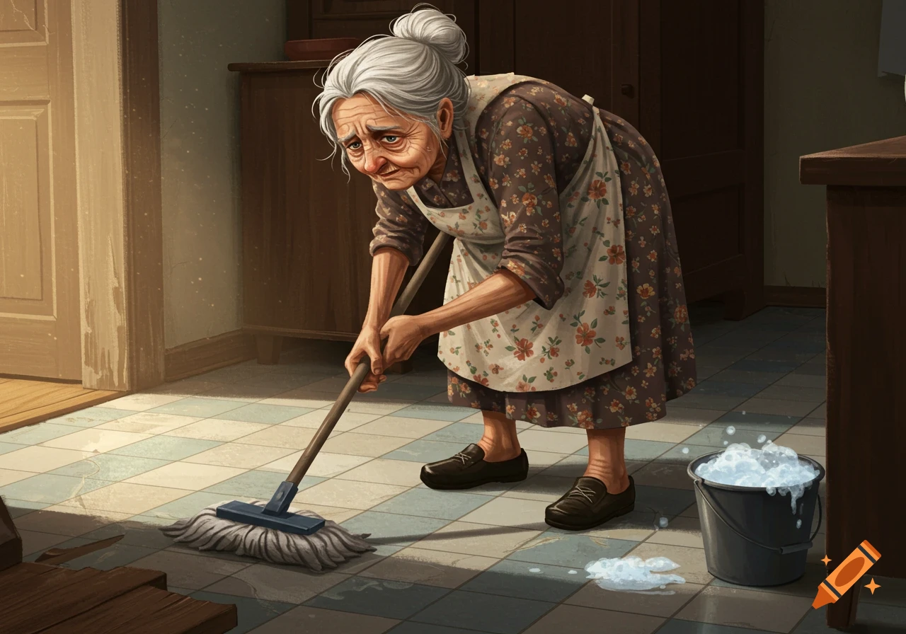 An illustration of an old woman struggling to mop the floor.