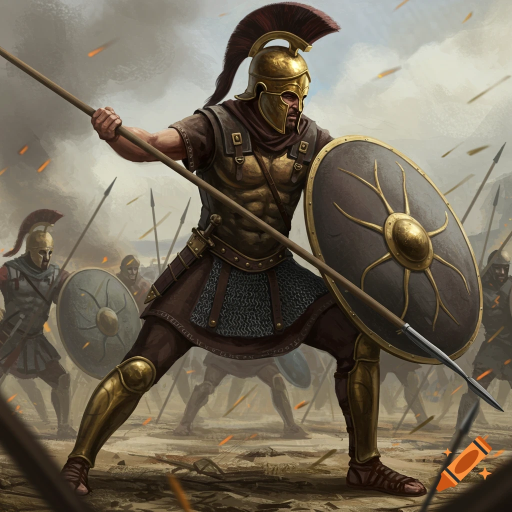 Spartan-like soldier with spear and shield in a battle scene, digital painting.