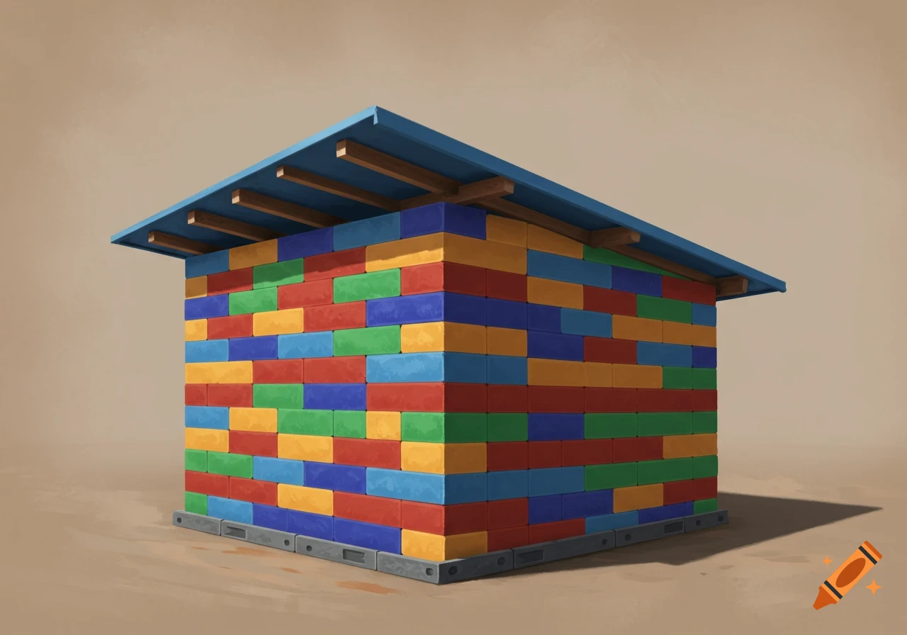 A small structure or shelter built from colorful, rectangular plastic bricks with a slanted blue roof.