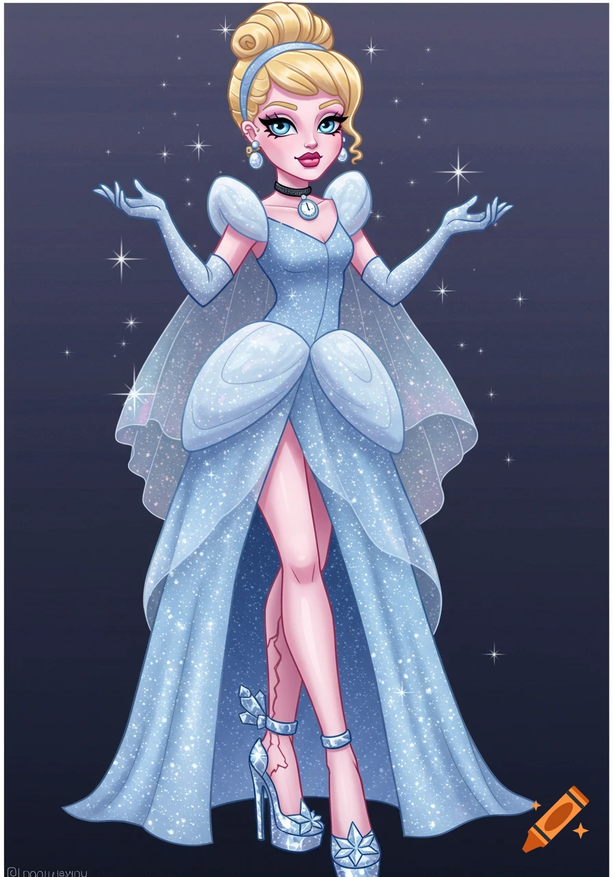 Stylized character illustration of a woman in a glittering blue gown, gloves, and platform heels, with a high slit.