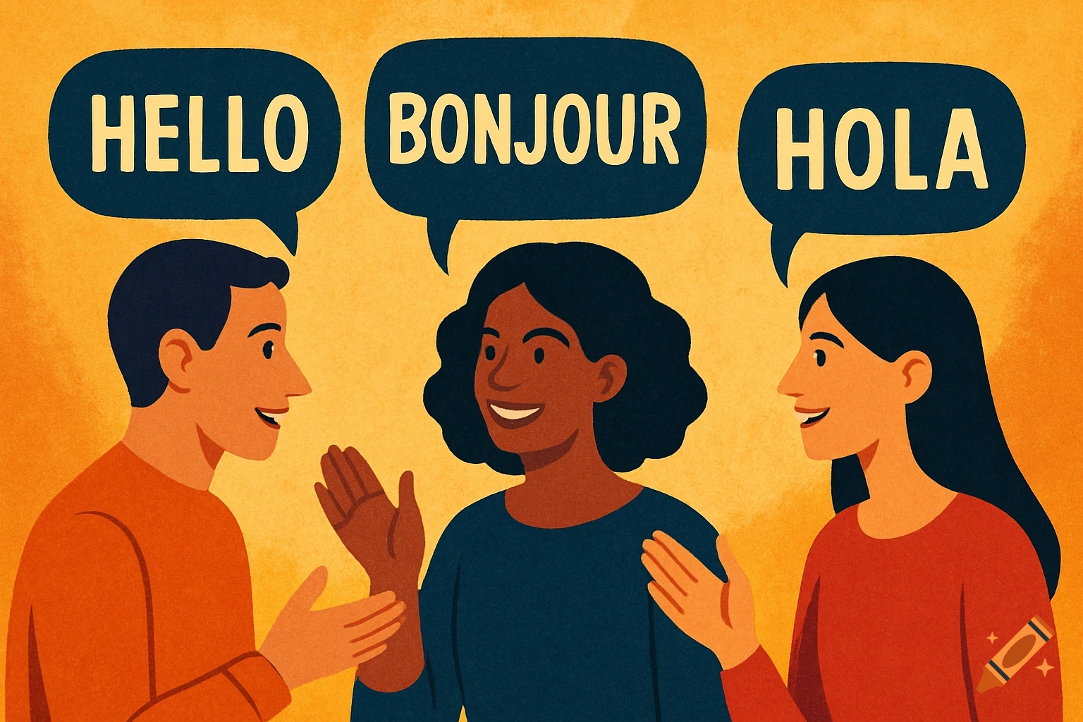 Illustration of three people talking with speech bubbles saying Hello, Bonjour, Hola.