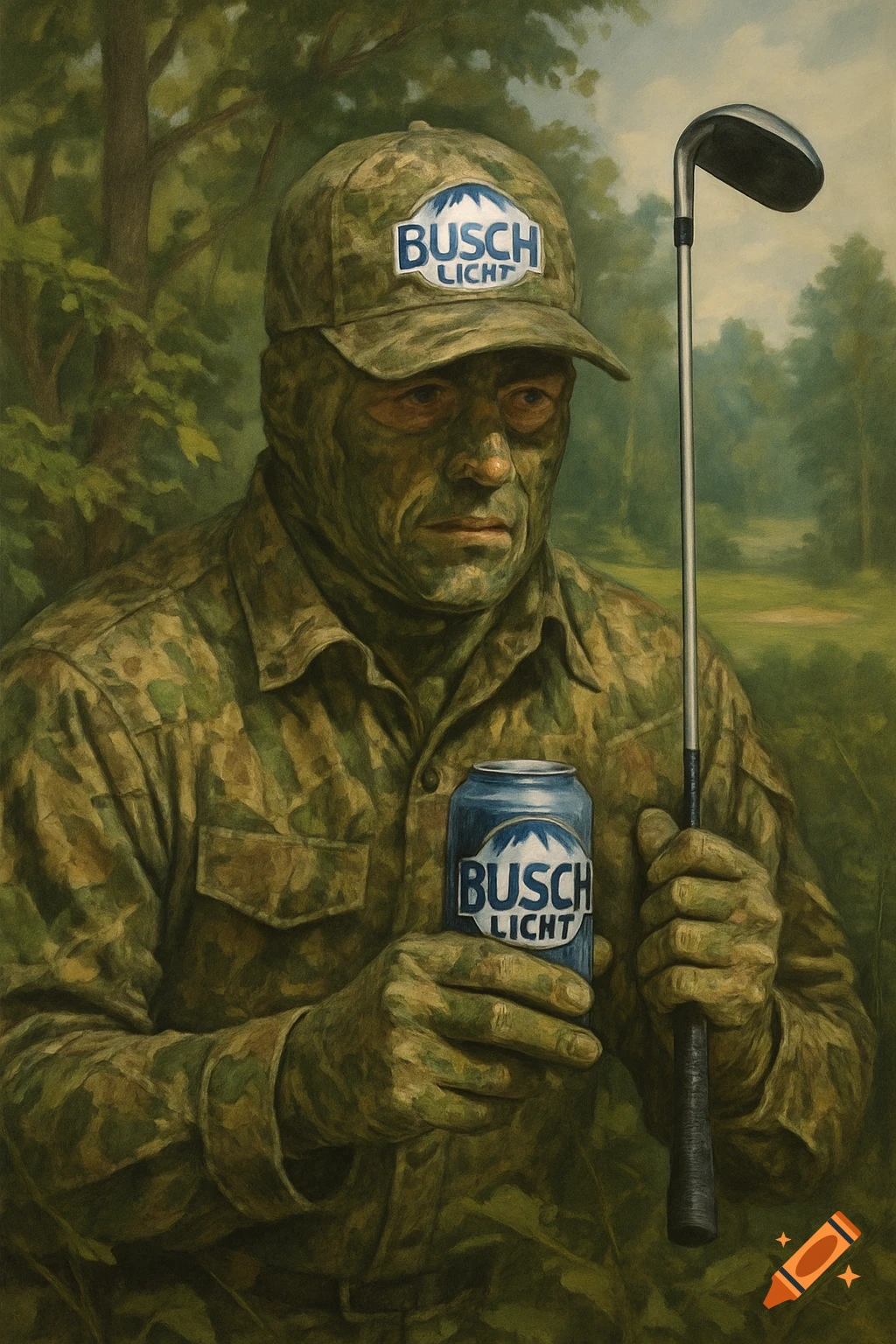 Painting of a camouflaged man holding a Busch Light beer can and a golf club.