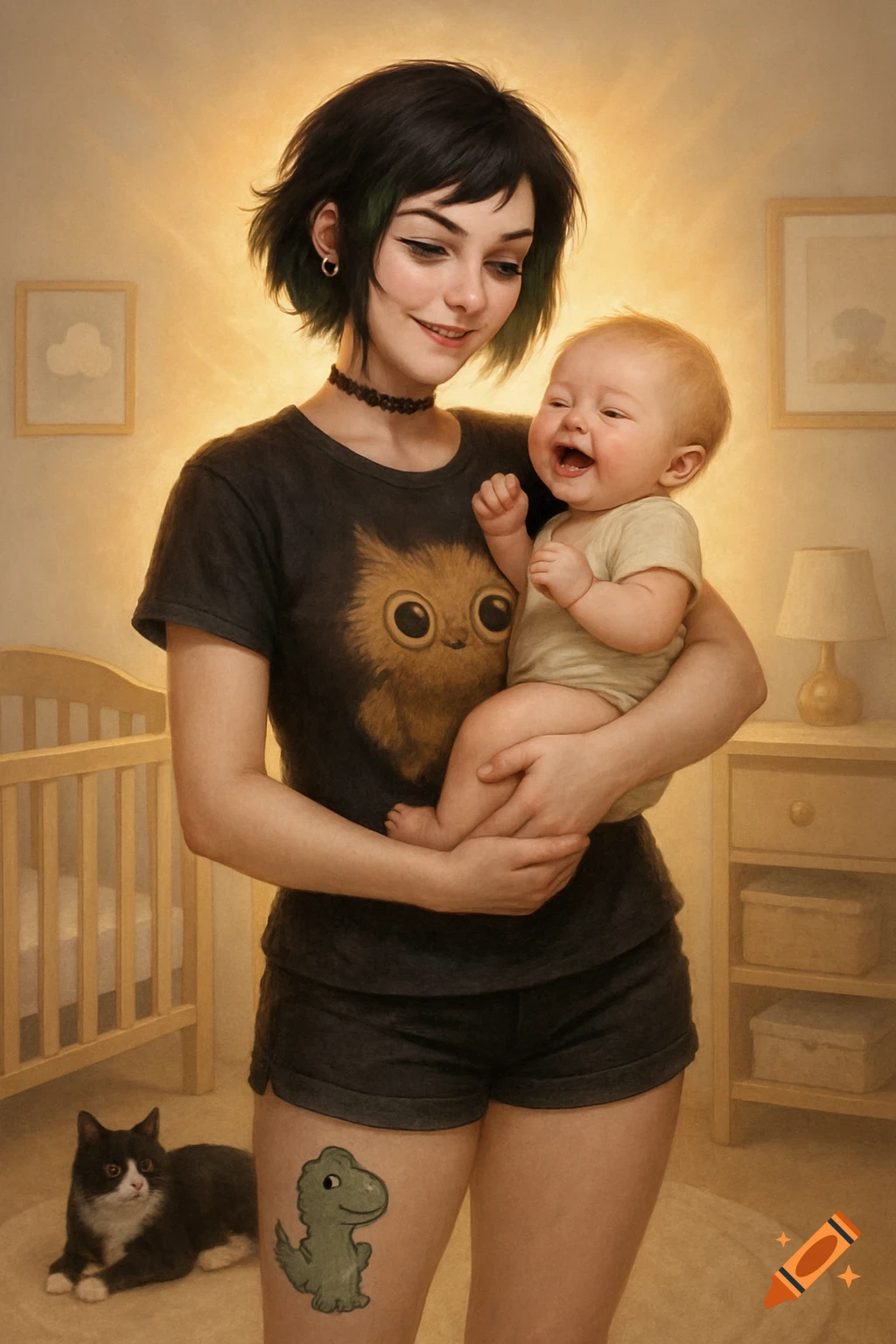 A woman holds a giggling baby in a nursery, with a cat nearby and a cartoon dinosaur tattoo on her leg.