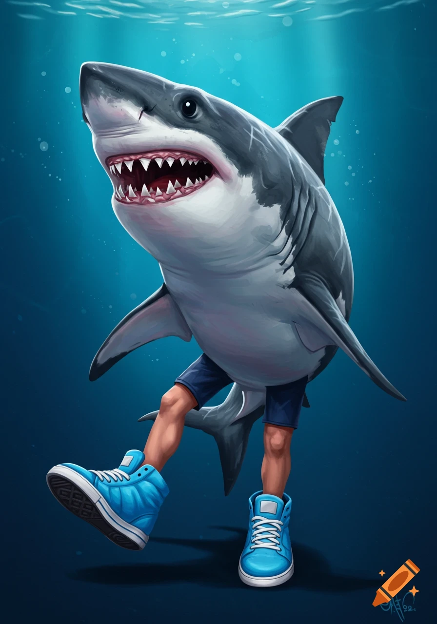 Illustration of a large shark swimming underwater, with human legs wearing blue sneakers visible underneath its body.