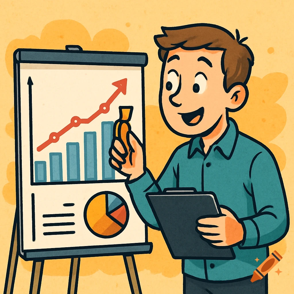 Cartoon illustration of a man presenting data charts on a board.