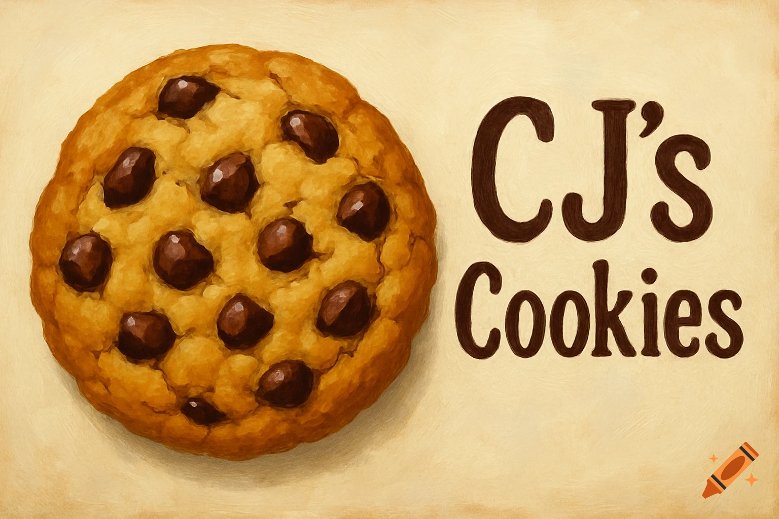 An illustration of a chocolate chip cookie next to the words CJ's Cookies.