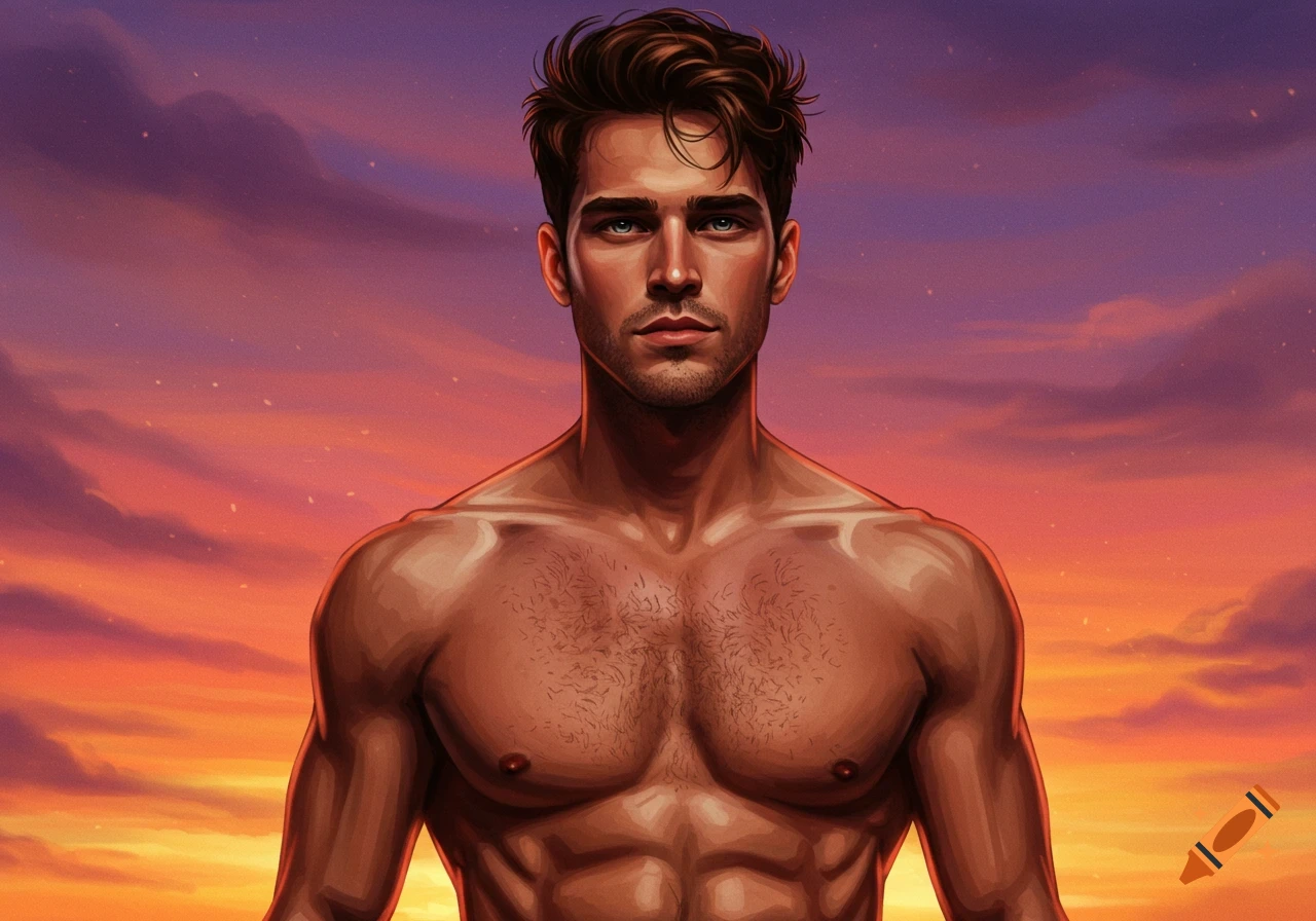 Digital painting of a shirtless man with blue eyes against a sunset sky.