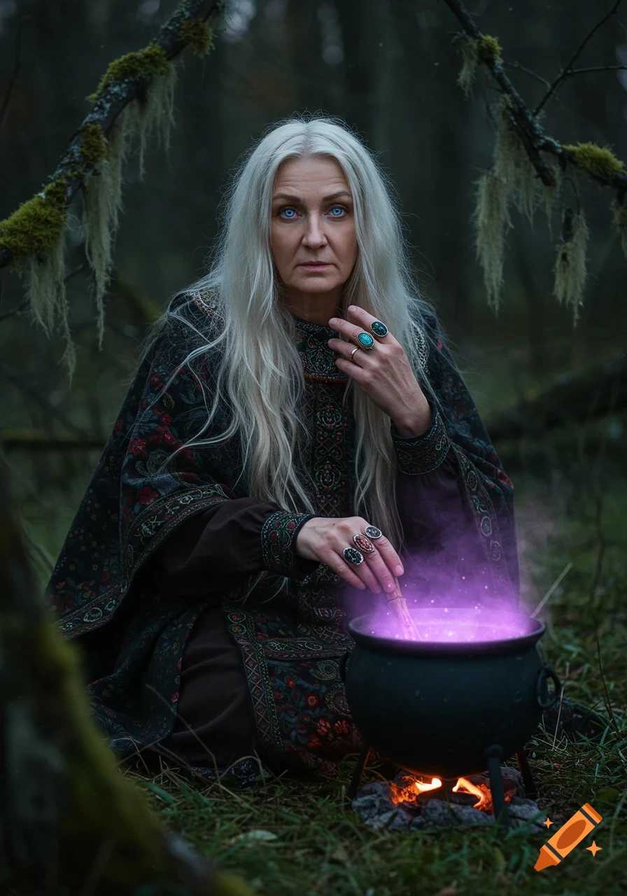 A white-haired witch with blue eyes brews a glowing purple potion in a cauldron in a dark forest. Photorealistic.
