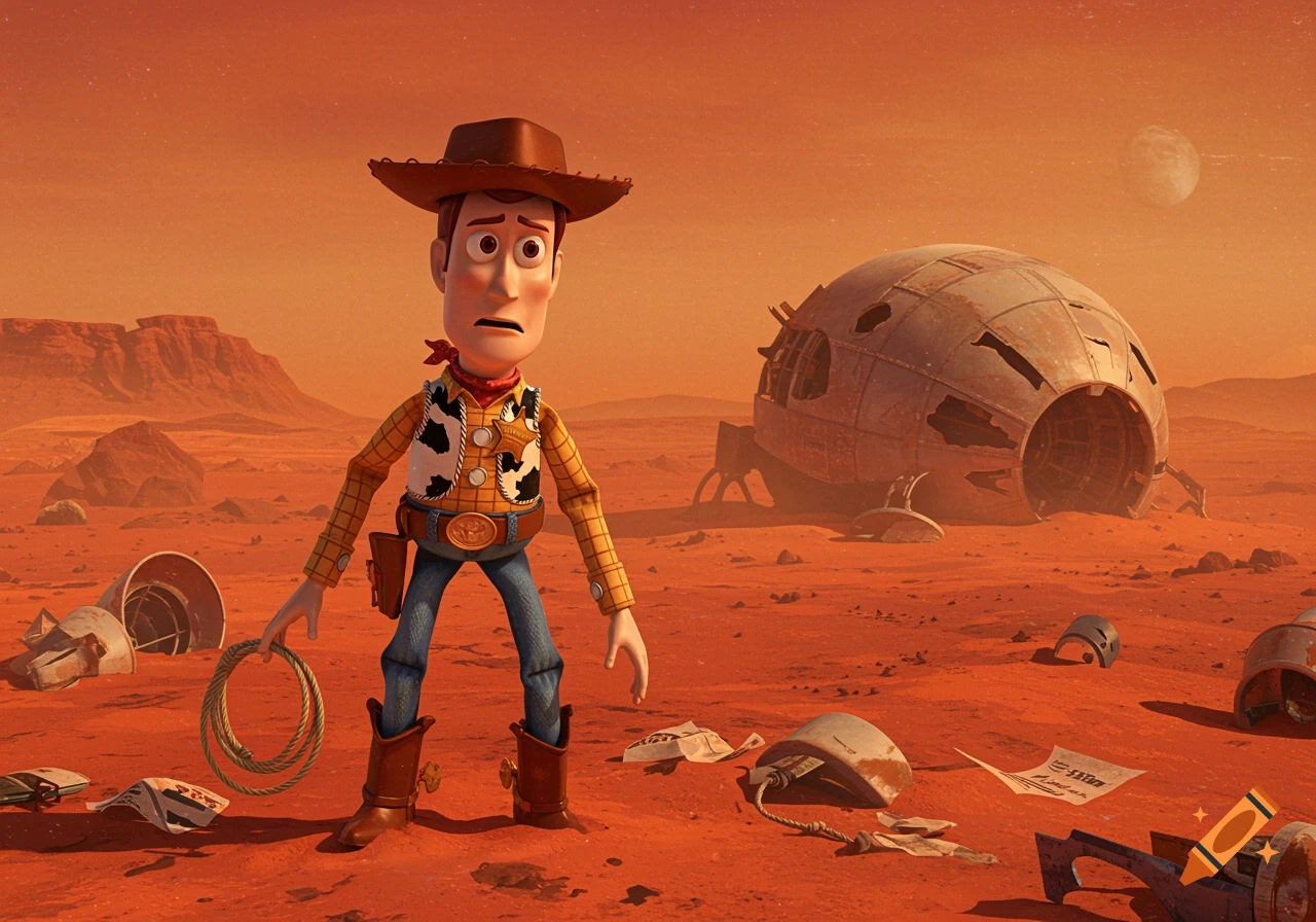 Woody from Toy Story stands on a Martian desert landscape with a crashed spaceship.