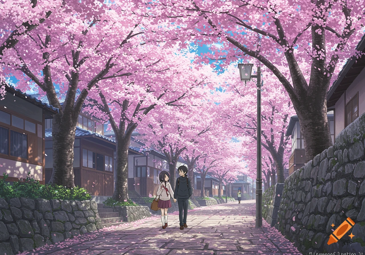 Anime illustration of a couple walking under cherry blossom trees on a path in a village.