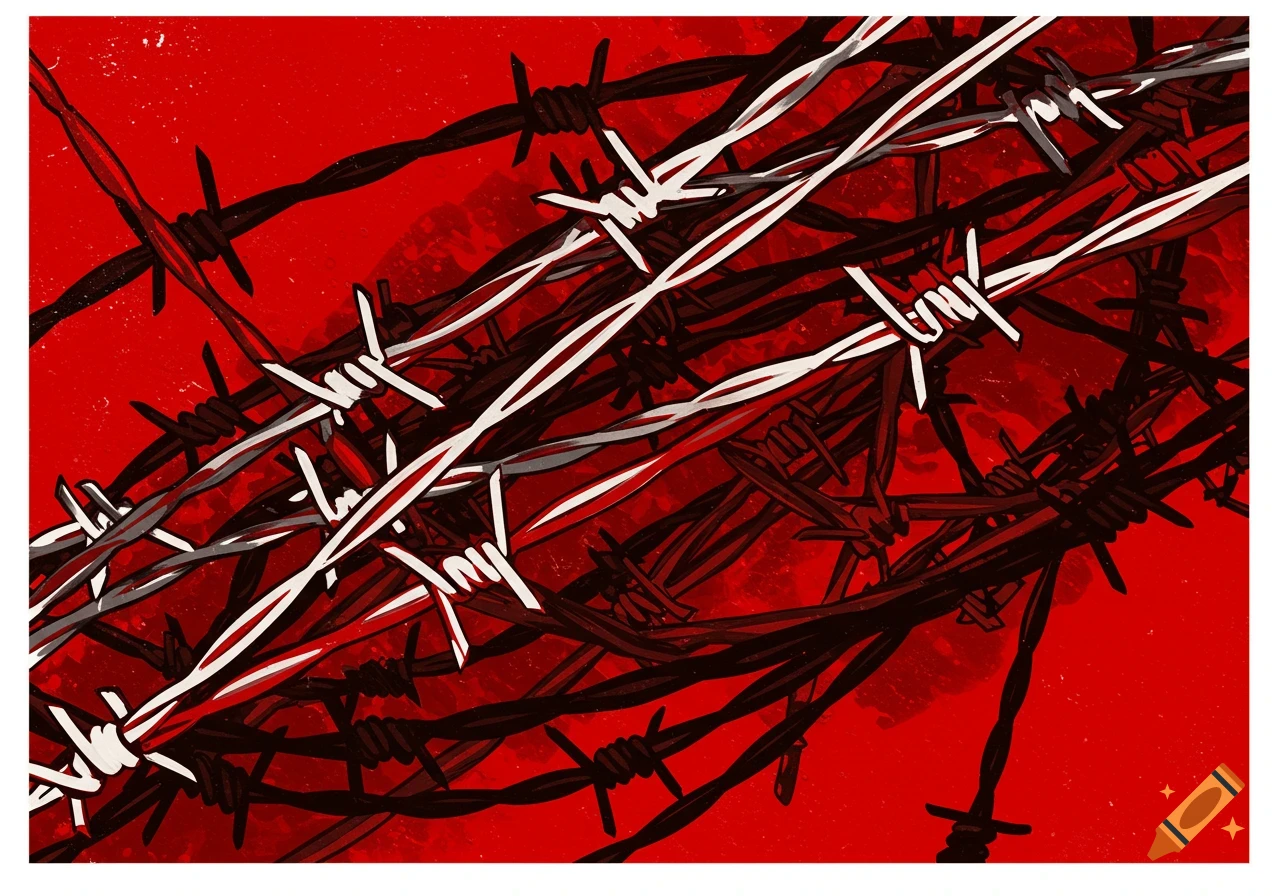 Graphic illustration of tangled barbed wire against a red background.