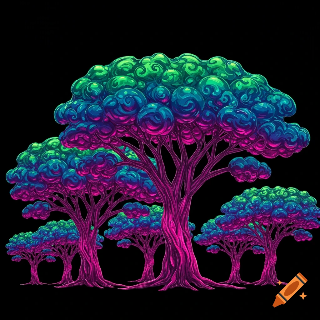Stylized multicolor abstract trees with swirling foliage on a black background