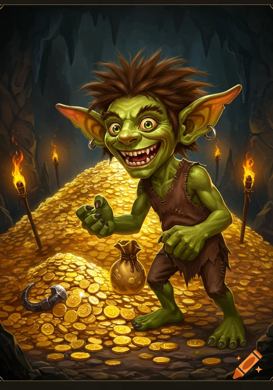 A green goblin stands gleefully next to a large pile of gold coins in a cave, digital painting.