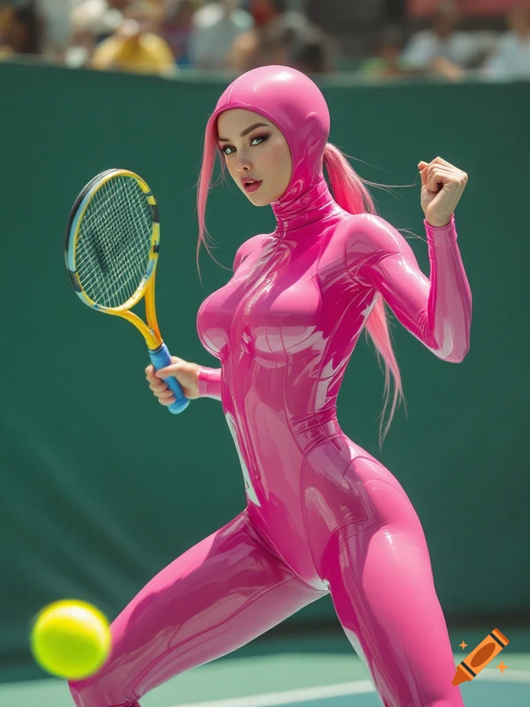 Woman in pink latex catsuit playing tennis, photorealistic style.