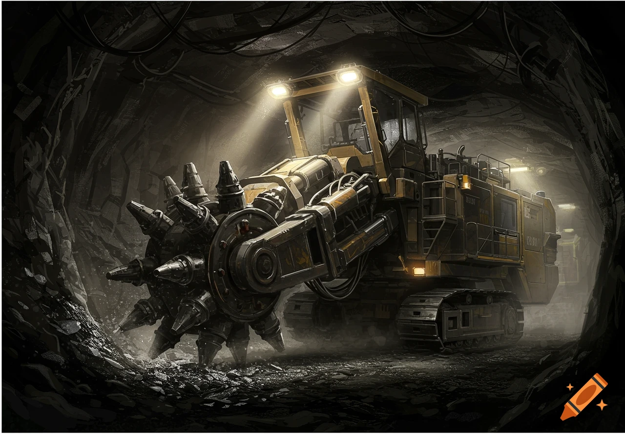 A large, futuristic continuous miner machine in a dark underground tunnel.