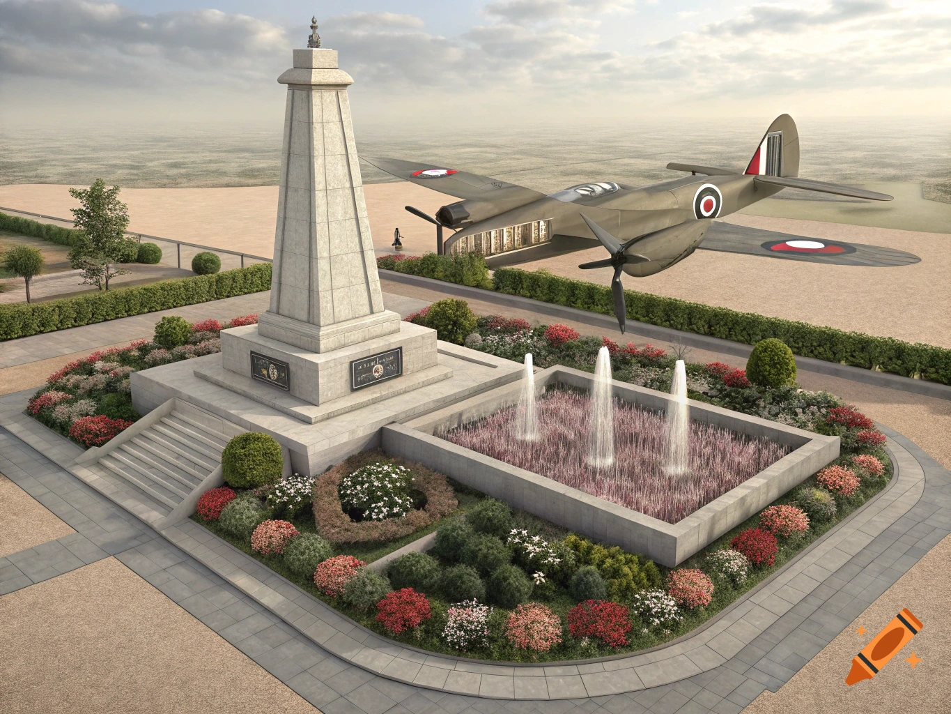 A detailed render of a monument, garden, and fountain with a vintage airplane flying overhead.