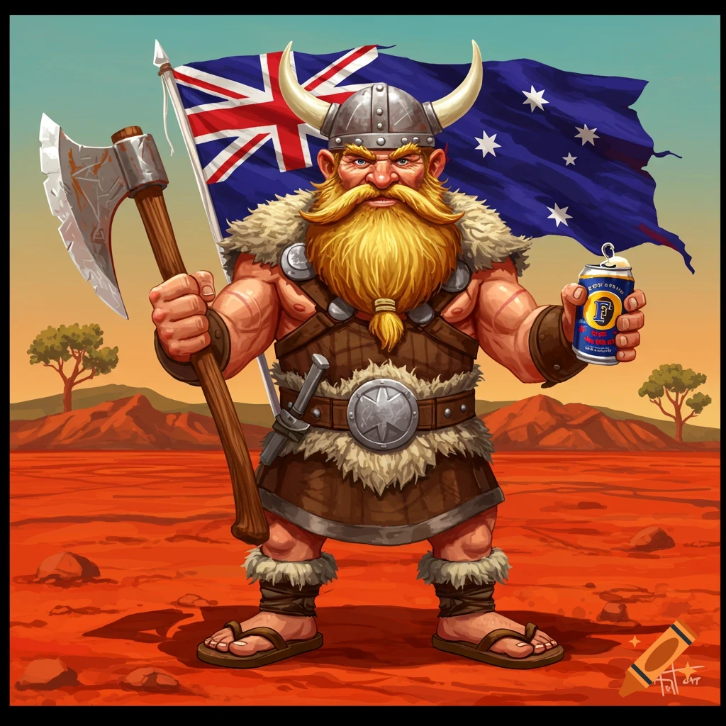 Cartoon dwarf in viking helmet holds axe & beer in front of Australian flag in outback.