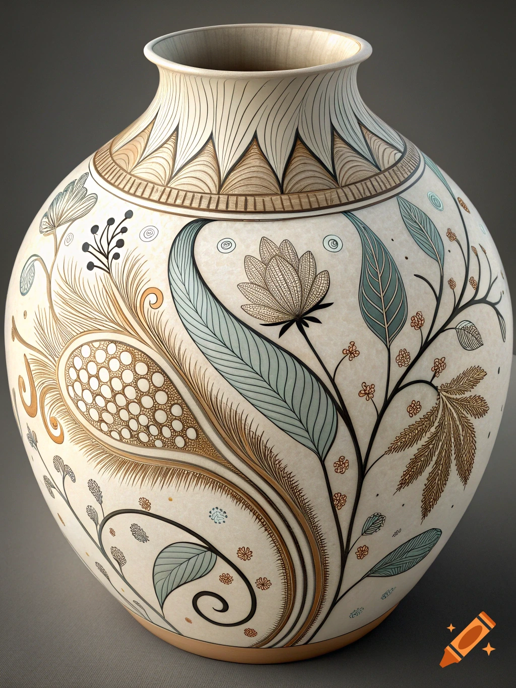 A ceramic vase with intricate botanical patterns in brown, blue, and white.