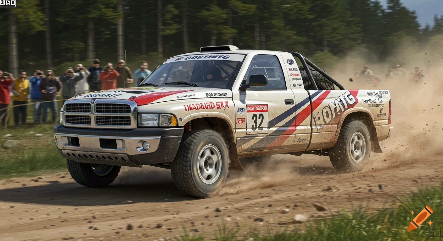 A white and red rally pickup truck speeds down a dirt road, kicking up dust, with spectators watching.