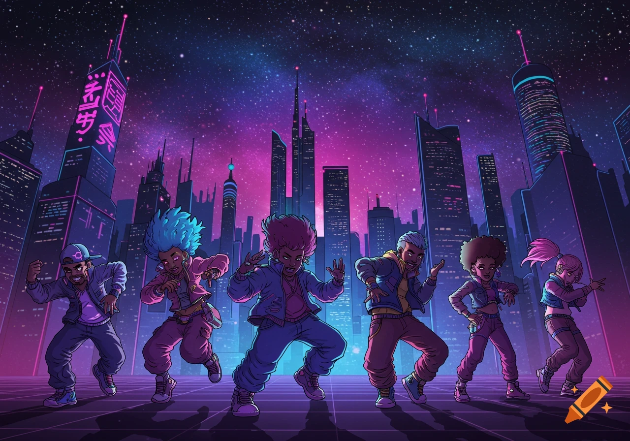 Stylized dancers in a futuristic cyberpunk city under a starry night sky.