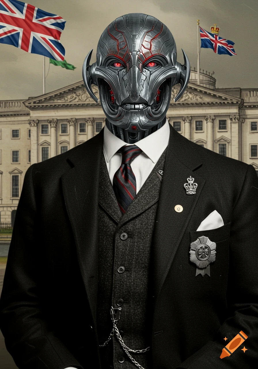 Robot wearing a suit stands before a building with British flags.