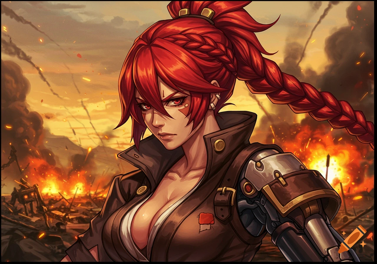 Anime style portrait of a red-haired woman with a braided ponytail and cyborg arm in a destroyed, fiery landscape.