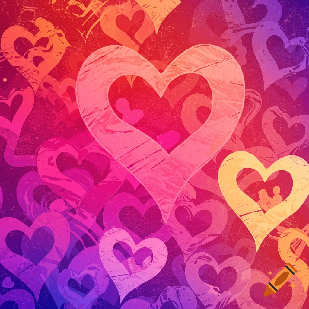Abstract background with textured hearts in a red to purple gradient.
