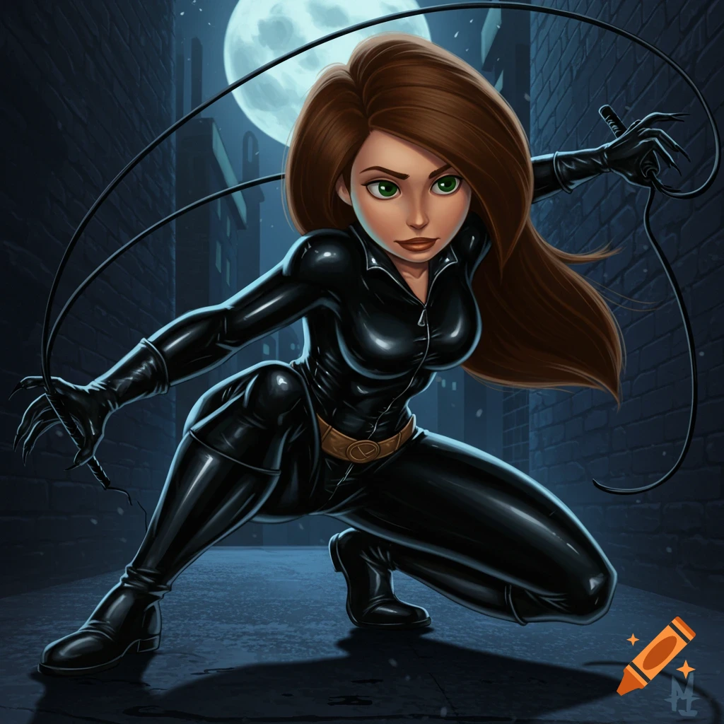 Cartoon illustration of Kim Possible as Catwoman crouching in a dark alley with a whip.