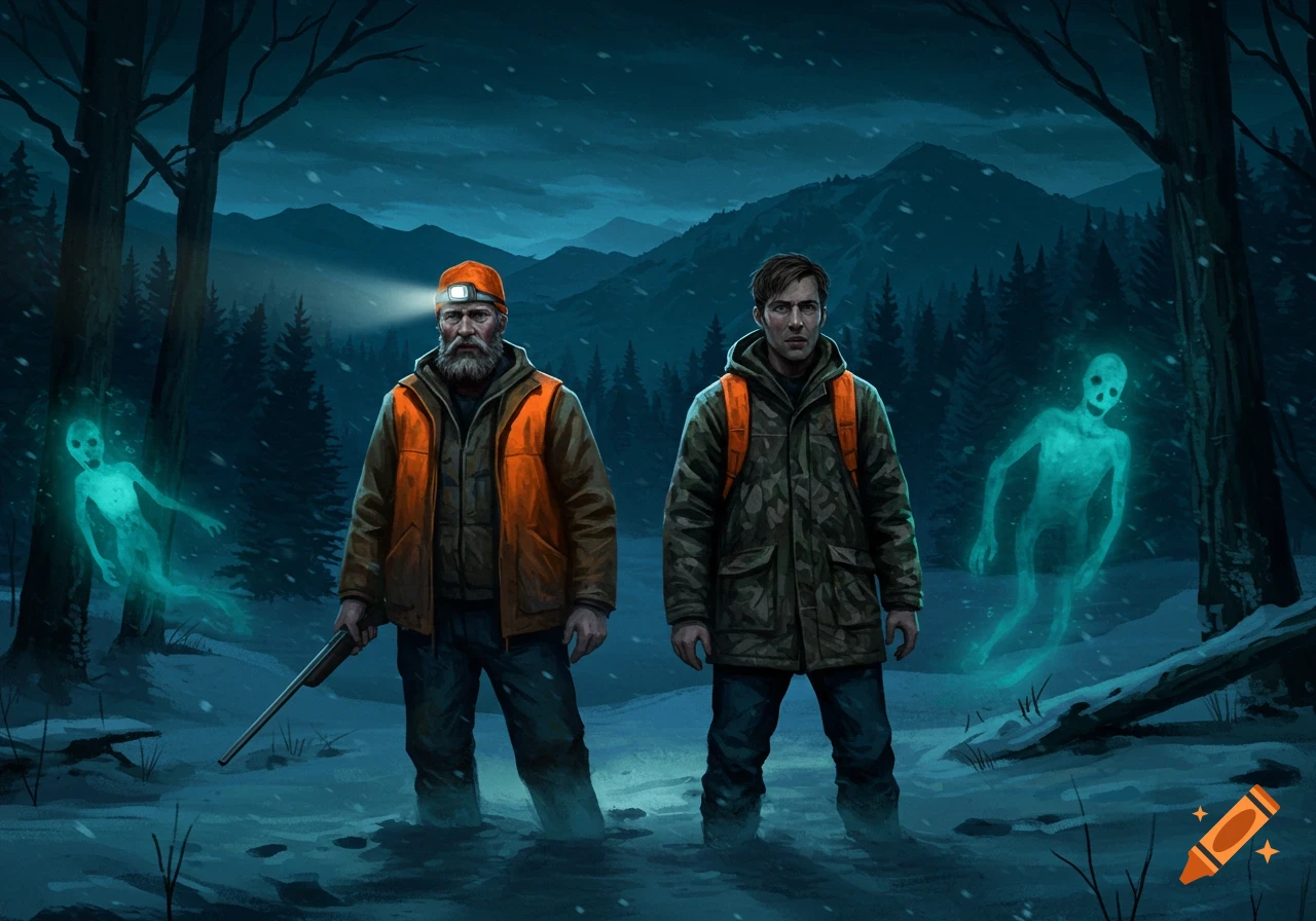 Two hunters in a snowy forest at night with glowing ghosts around them, in a horror illustration style.