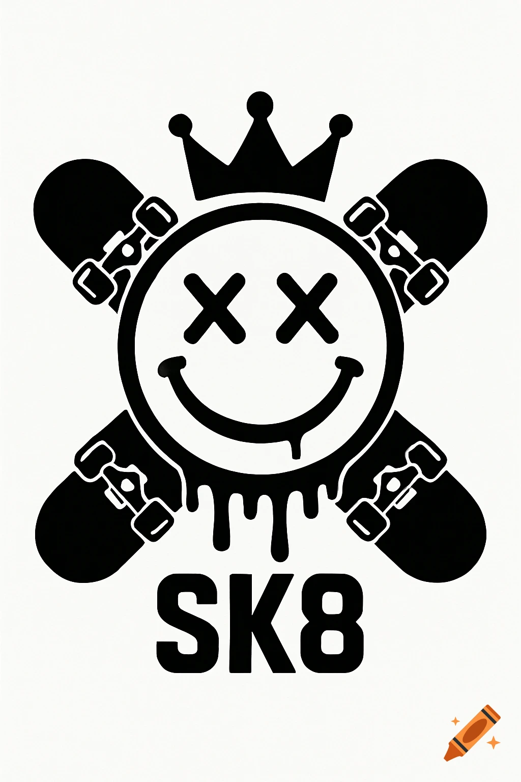 Black and white logo with dripping smiley, X eyes, crown, crossed skateboards, and text SK8.