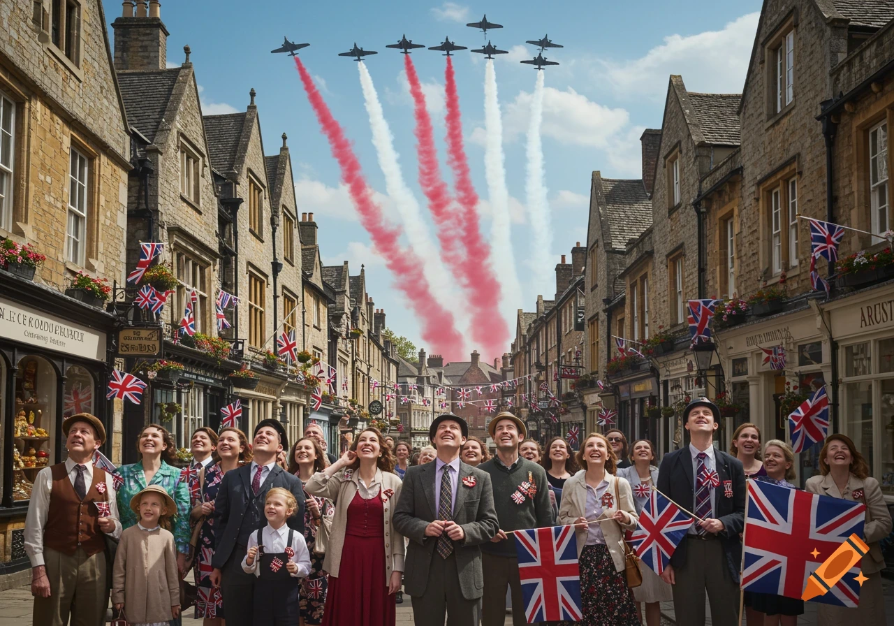 Crowd watches red and white smoke trails from planes over a street decorated with UK flags for a celebration