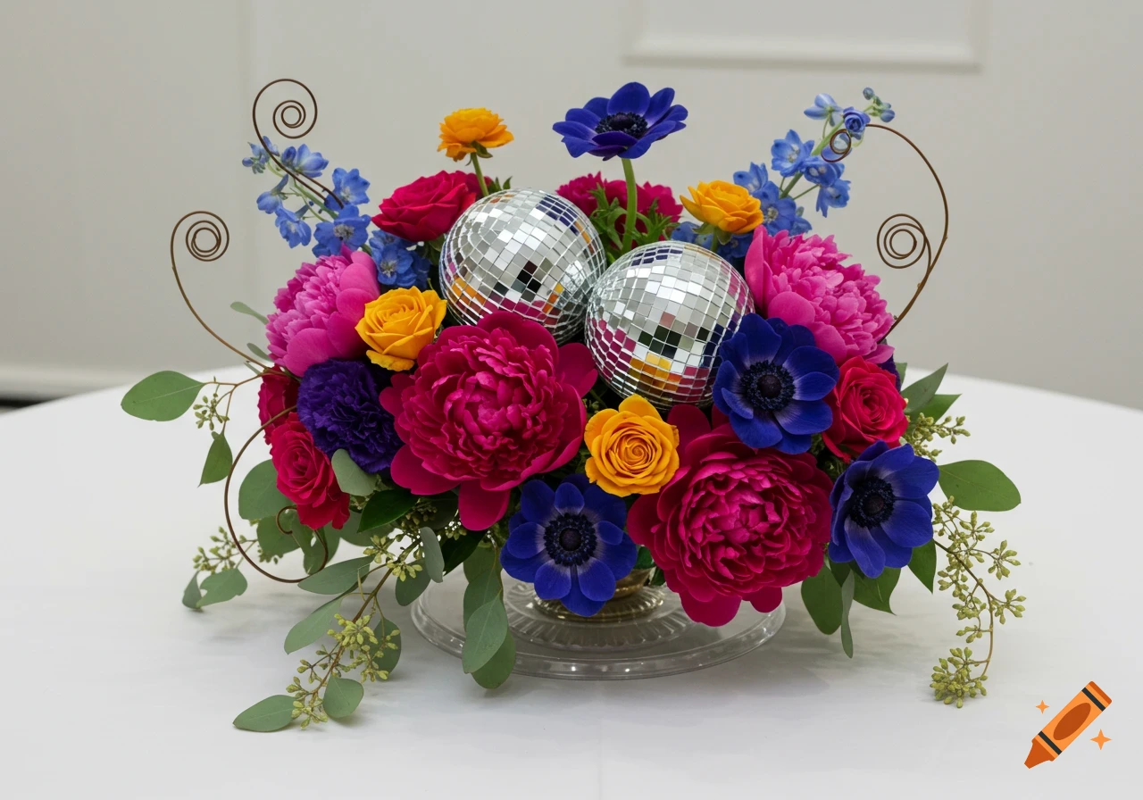 A colorful floral centerpiece featuring fuchsia peonies, blue anemones, yellow roses, and two shiny mirror disco balls.