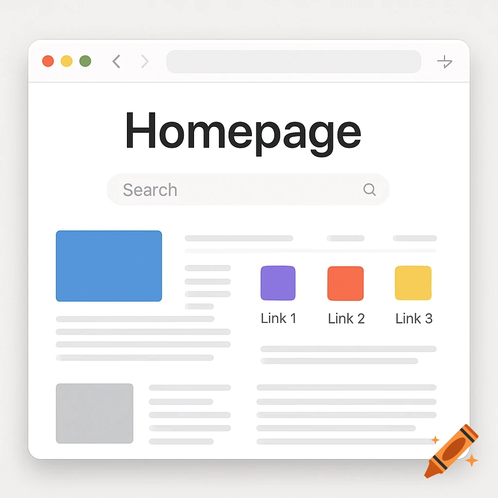 Browser window showing a minimal homepage layout with title, search bar, and content blocks.