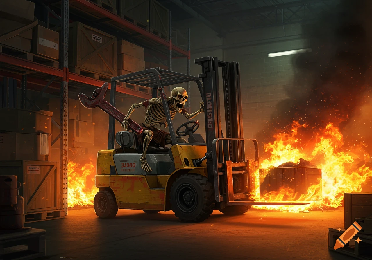 Angry skeleton drives a forklift in a burning warehouse, holding a large wrench.