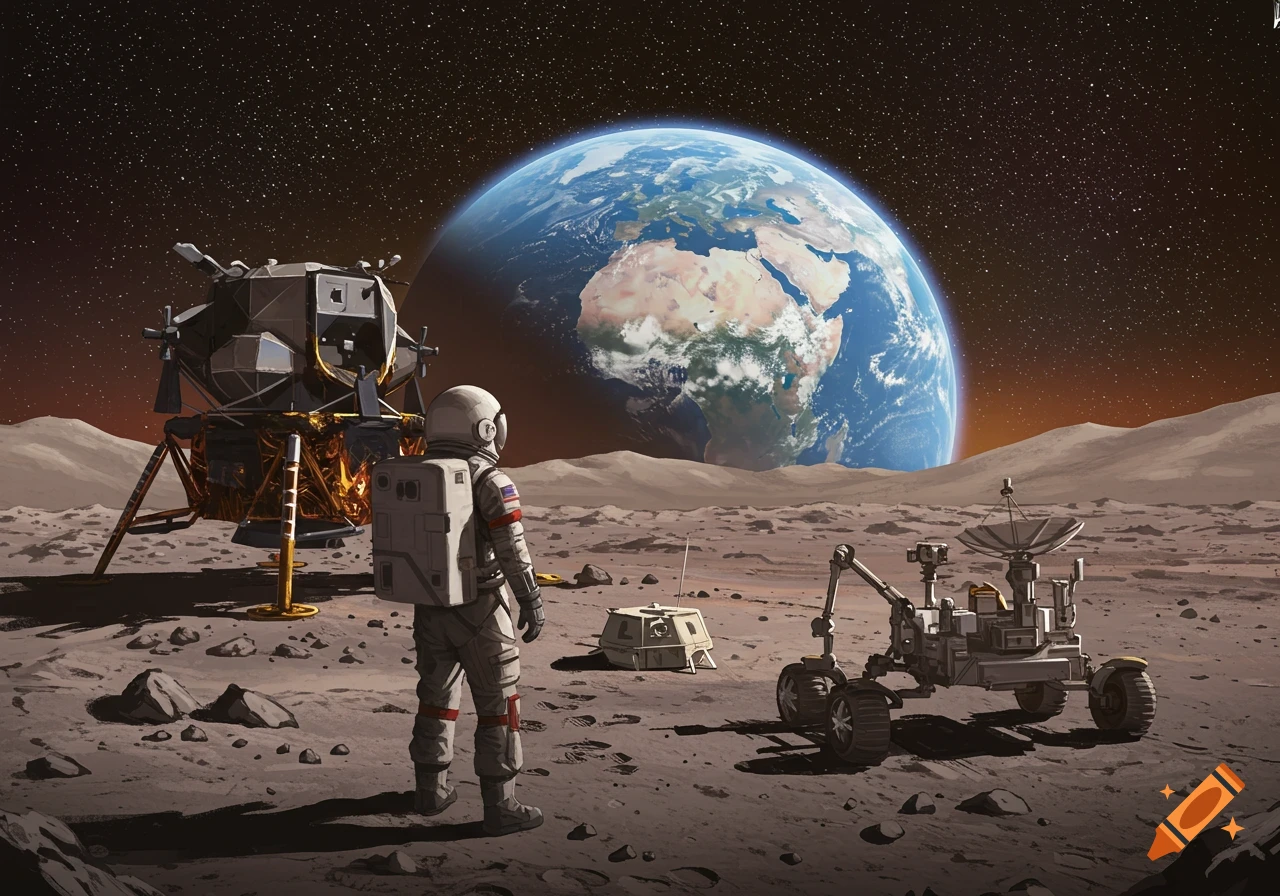 Illustrative view of an astronaut standing on the moon, looking at Earth, with a lunar lander and rover.