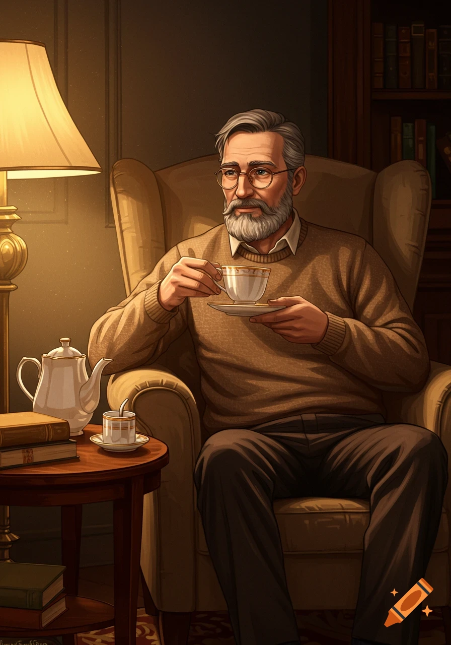 A man with a beard and glasses sits in an armchair, holding a teacup, with books and a teapot on a nearby table.
