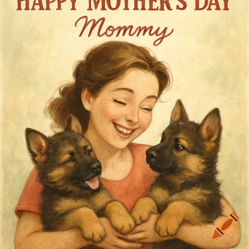 Illustration of a smiling woman holding two German Shepherd puppies, with "HAPPY MOTHER'S DAY Mommy" text above.