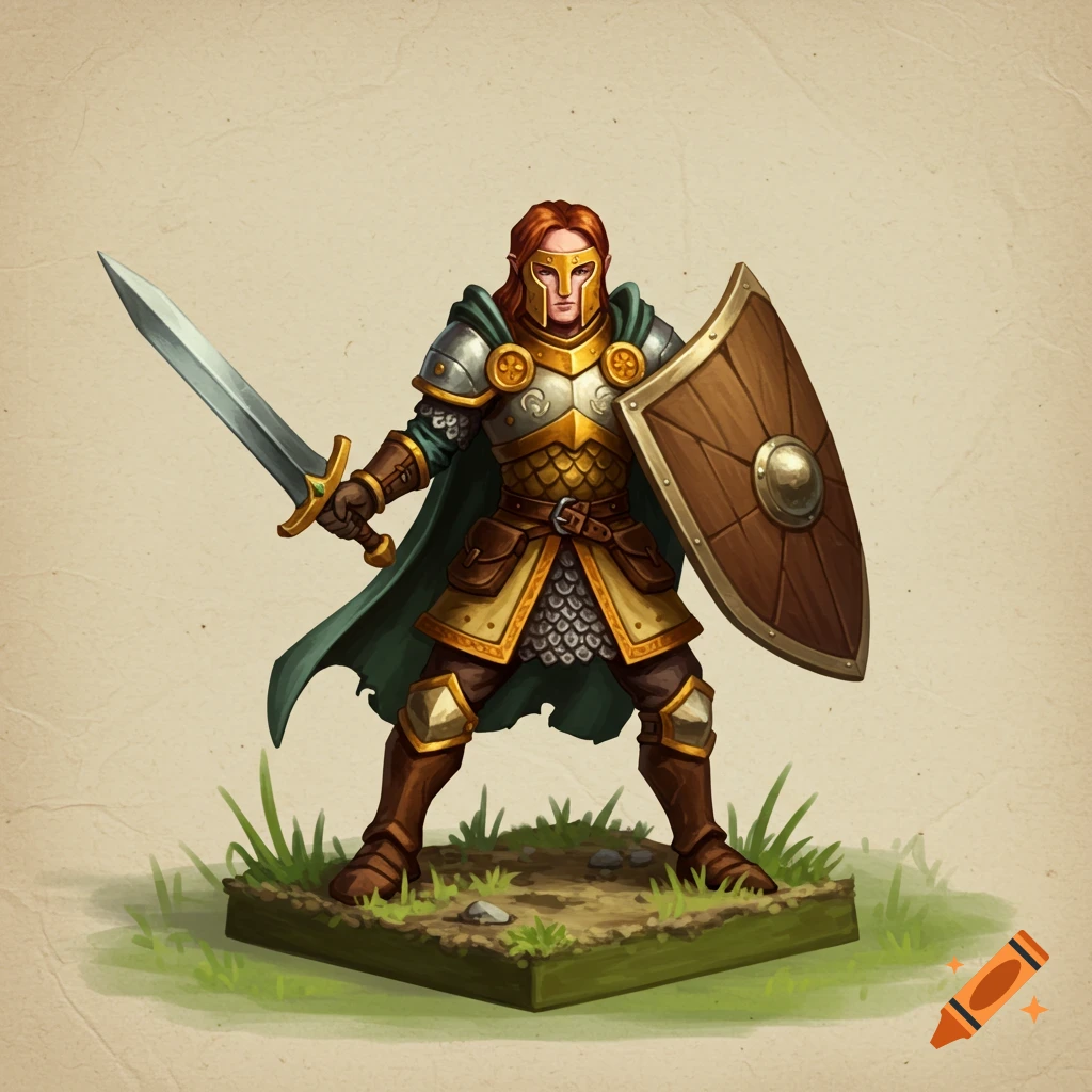 A fantasy warrior miniature figure stands holding a sword and shield.