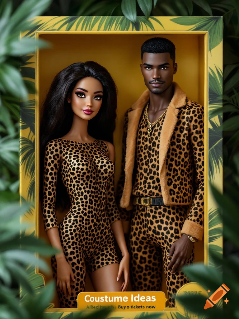 Hyperrealistic fashion dolls in matching leopard print costumes standing inside a product box.