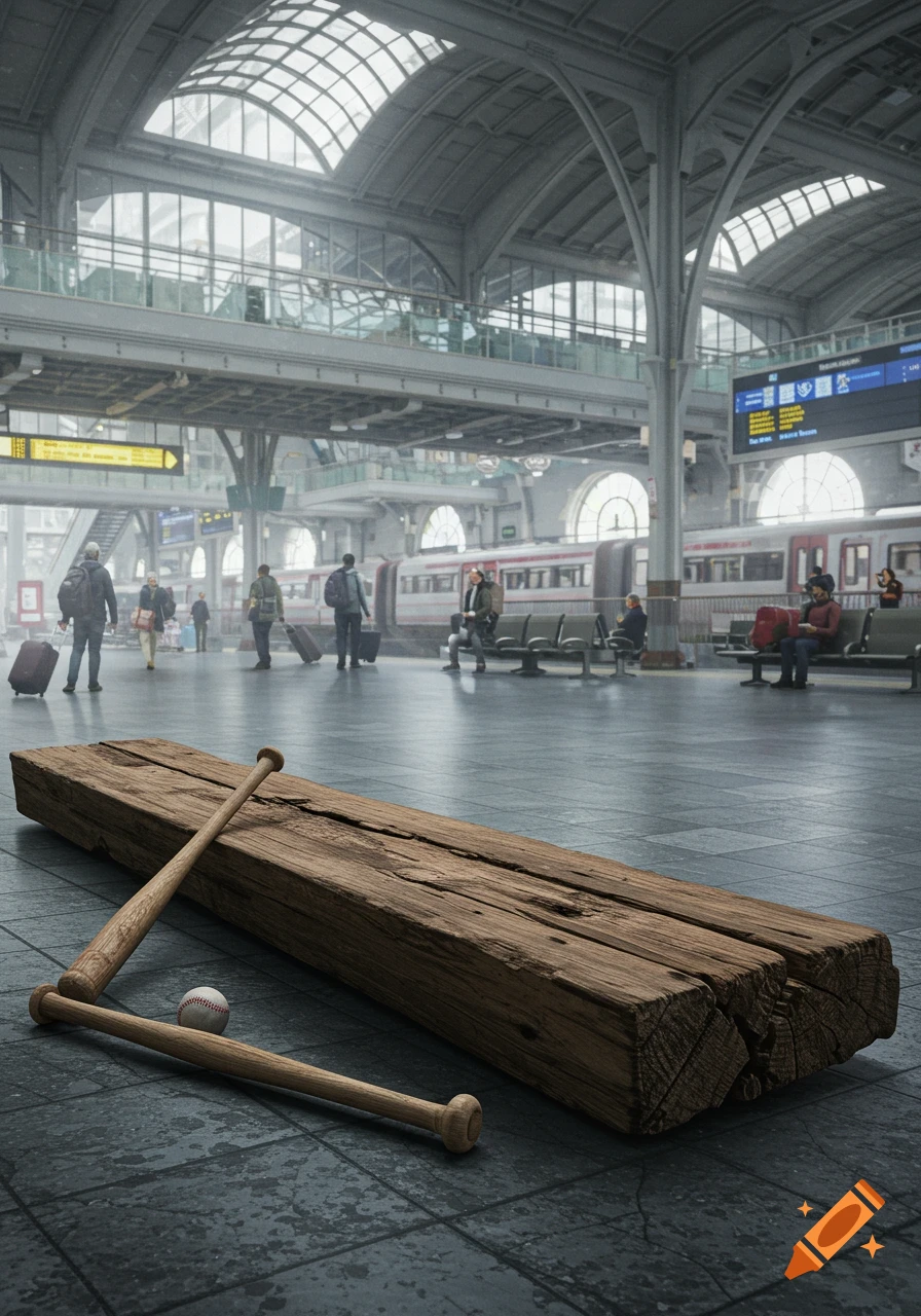Baseball bats and ball rest on a beam in a busy train station.