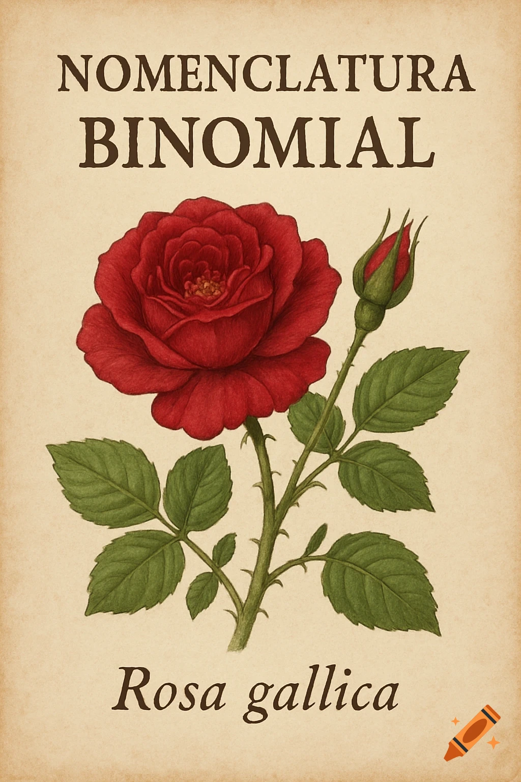 Botanical illustration of a red rose with leaves and a bud, with text 'Nomenclatura Binomial' and 'Rosa gallica'.