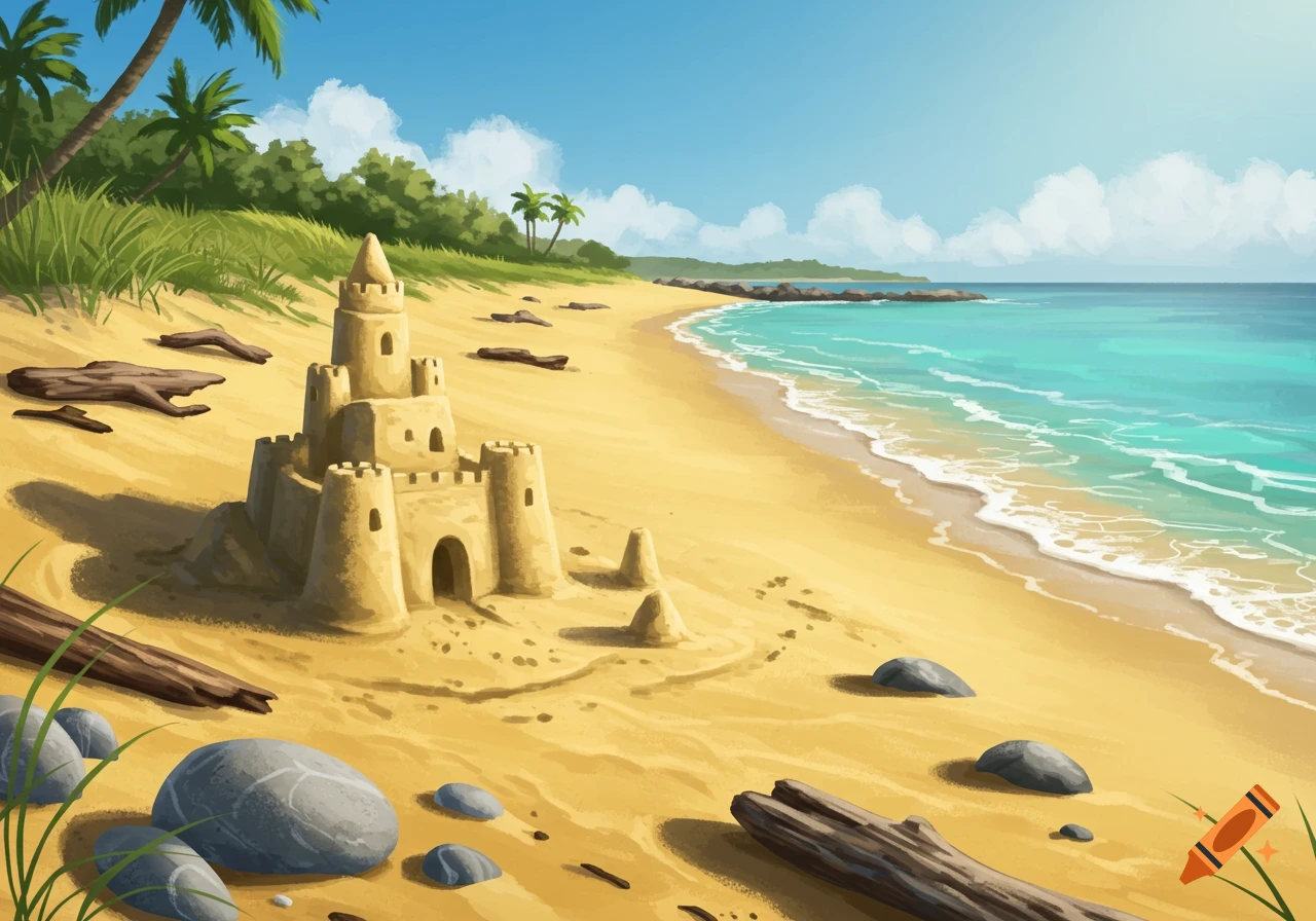 Illustration of a sandcastle on a tropical beach with palm trees and the ocean.
