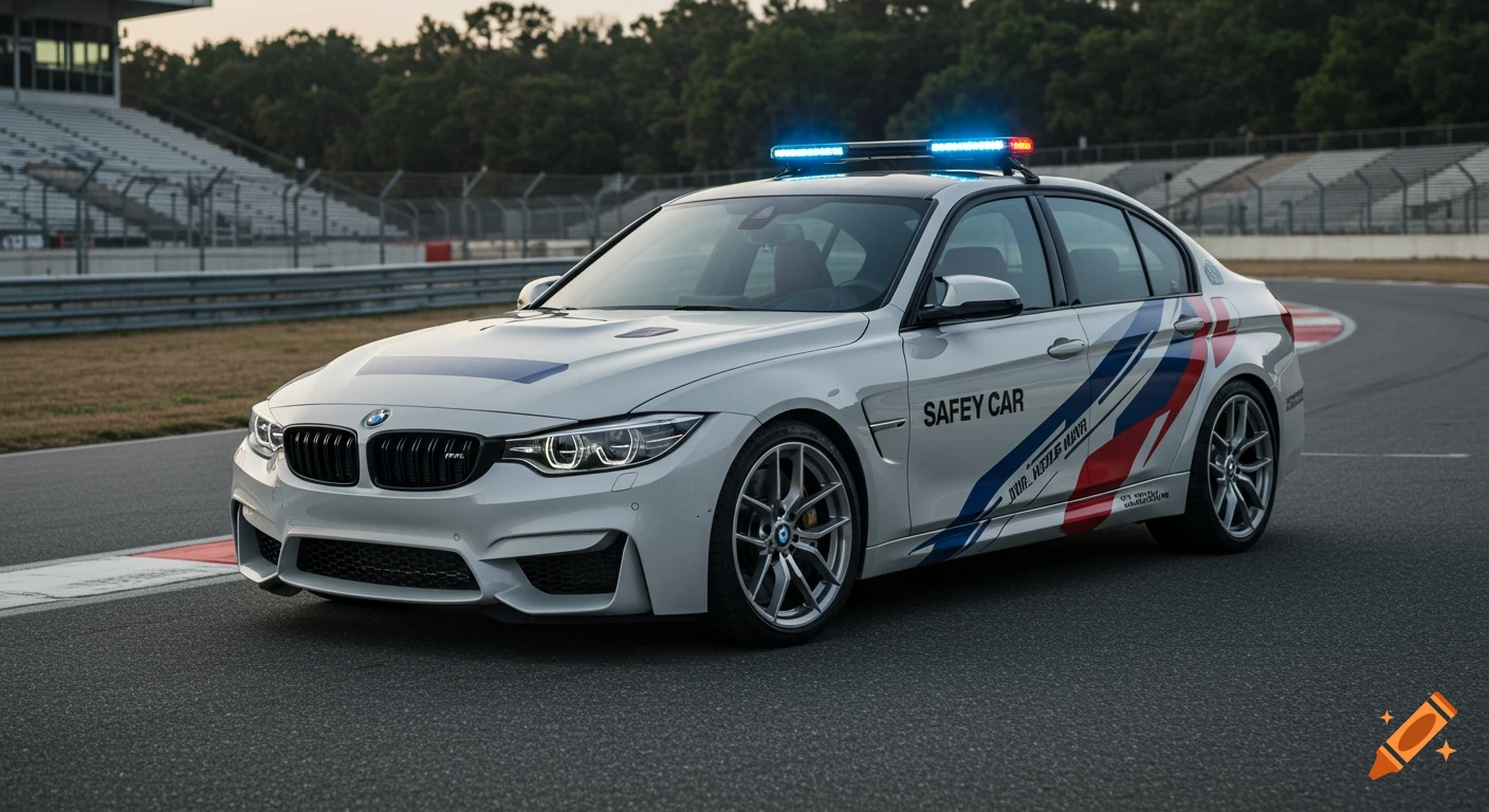 A white BMW M3 safety car on a race track