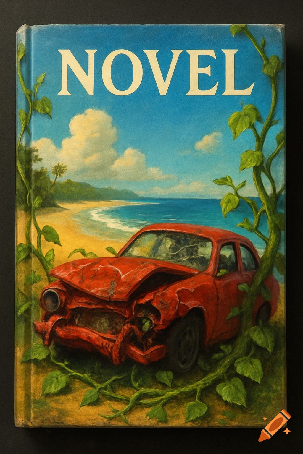 Book cover with text 'NOVEL', showing a crashed red car on a beach with vines, illustration style.