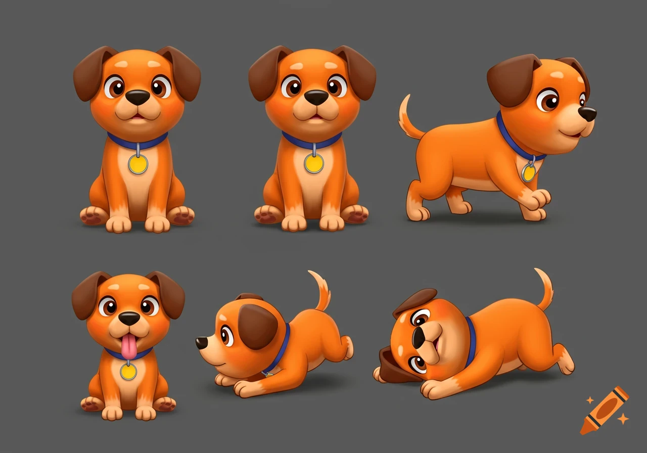 Multiple 3D cartoon orange puppies in sitting, standing, and lying down poses on a grey background.