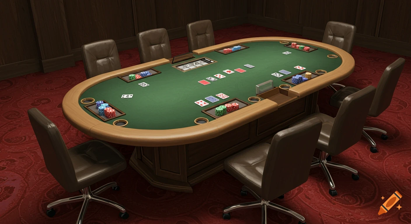 An empty poker table with cards and chips set up in a room with red carpet.