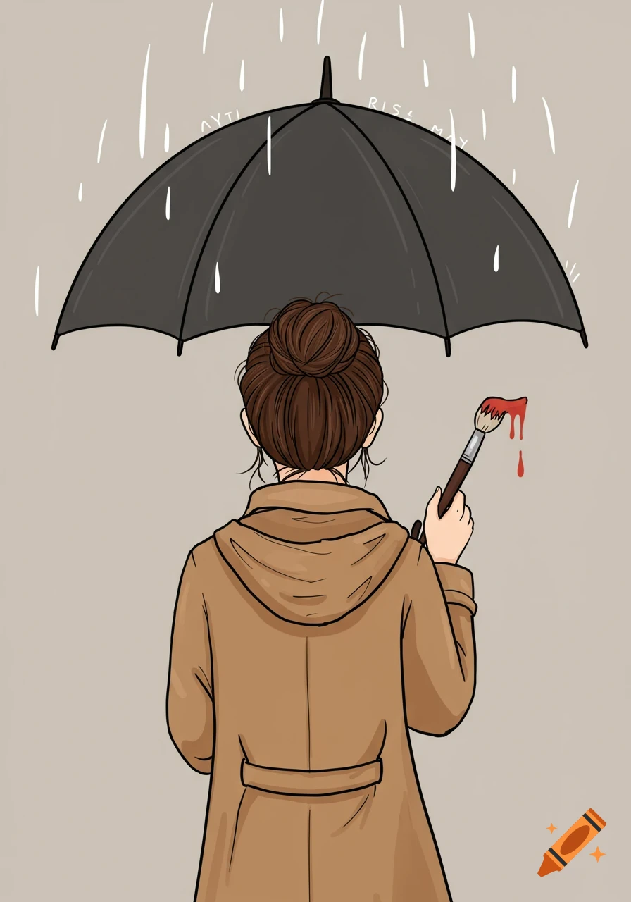 Illustration of a woman from behind under an umbrella, holding a paintbrush dripping red paint in the rain.