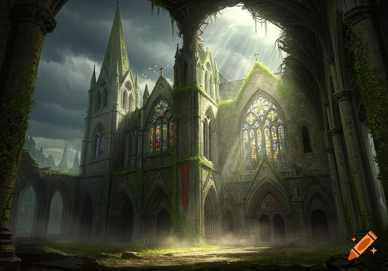 Abandoned gothic cathedral ruins with stained glass windows and sun rays