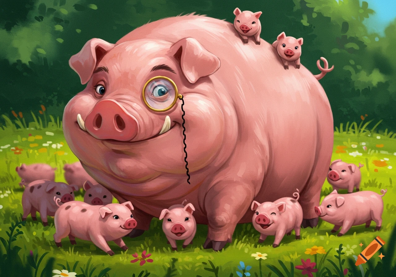 A large cartoon pig with a monocle is surrounded by small pigs in a grassy field.