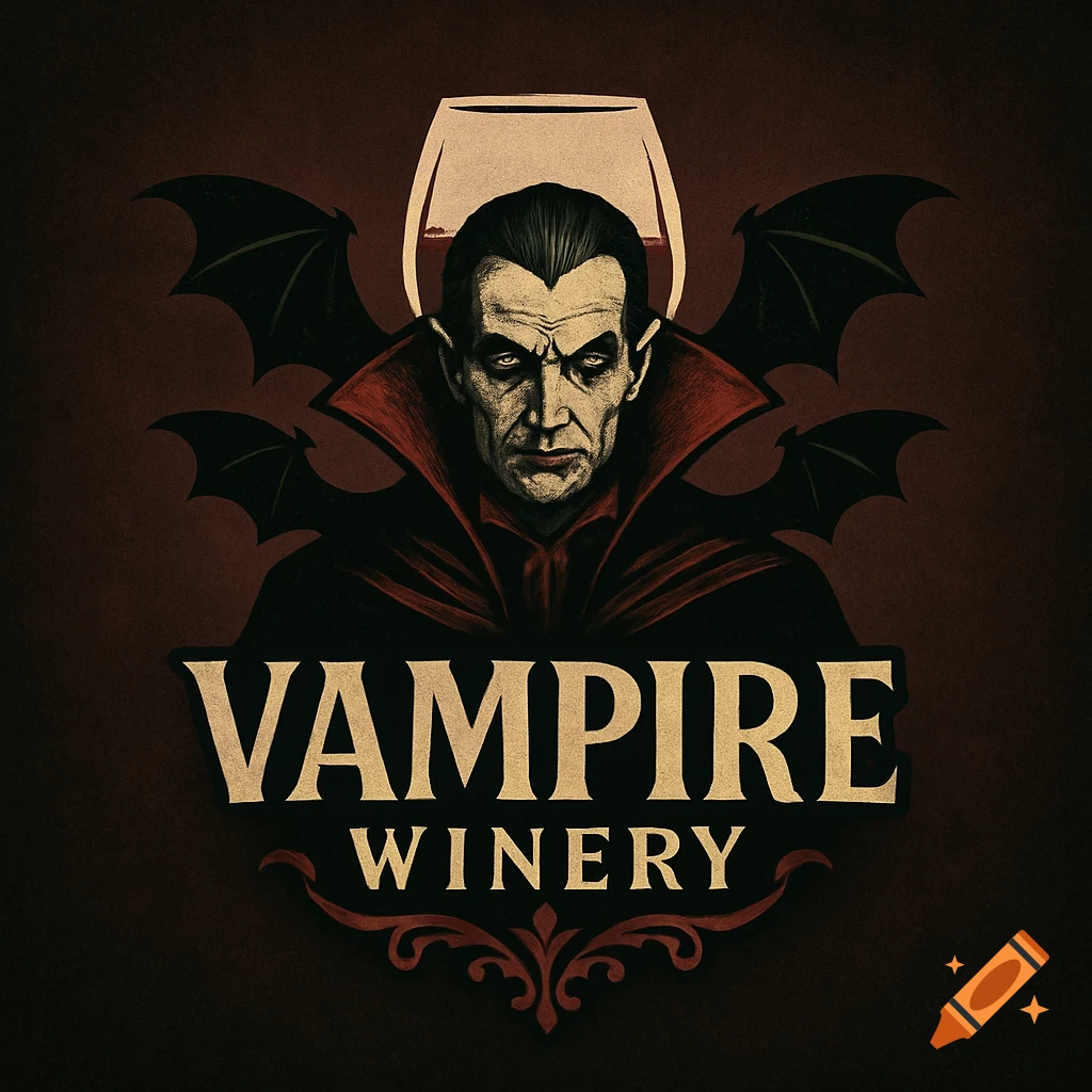 Vintage style logo for Vampire Winery featuring a vampire face, bat wings, and a wine glass.